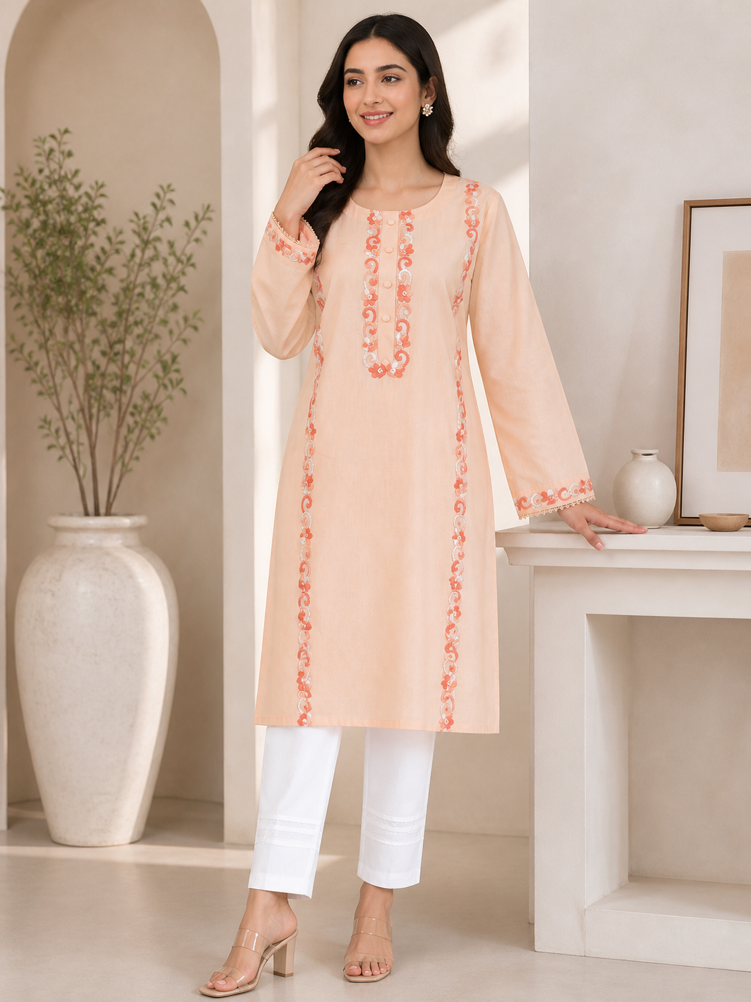 Peach Embroidered Lawn Kurta | Summer Casual Wear