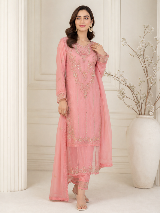 Tea Pink Embroidered 3Pc Suit | Luxury Festive Wear