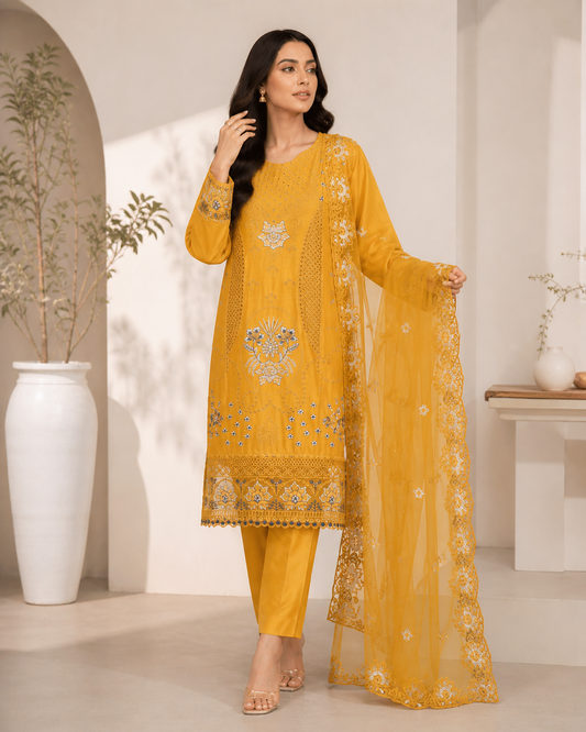 Mustard Embroidered 3Pc Suit | Summer Festive Wear