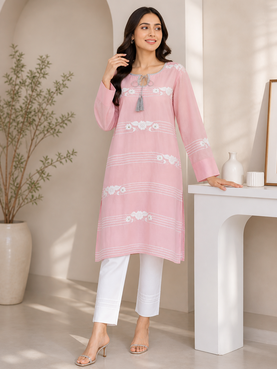 Baby Pink Embroidered Lawn Kurta | Summer Casual Wear
