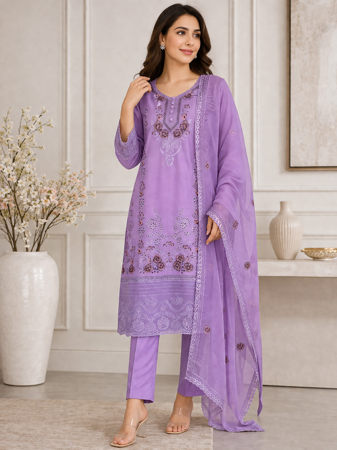 Lilac Embroidered Lawn 3Pc Suit | Summer Festive Wear