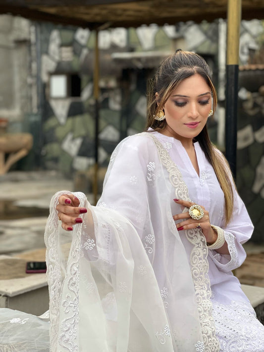 White Embroidered Lawn Shirt with Organza Dupatta - 2 Piece